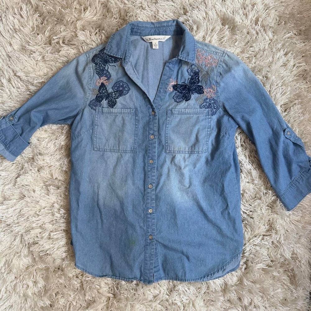 Boho Embroidered Butterfly Chambray Button Up Shirt Cotton Cottagecore Small